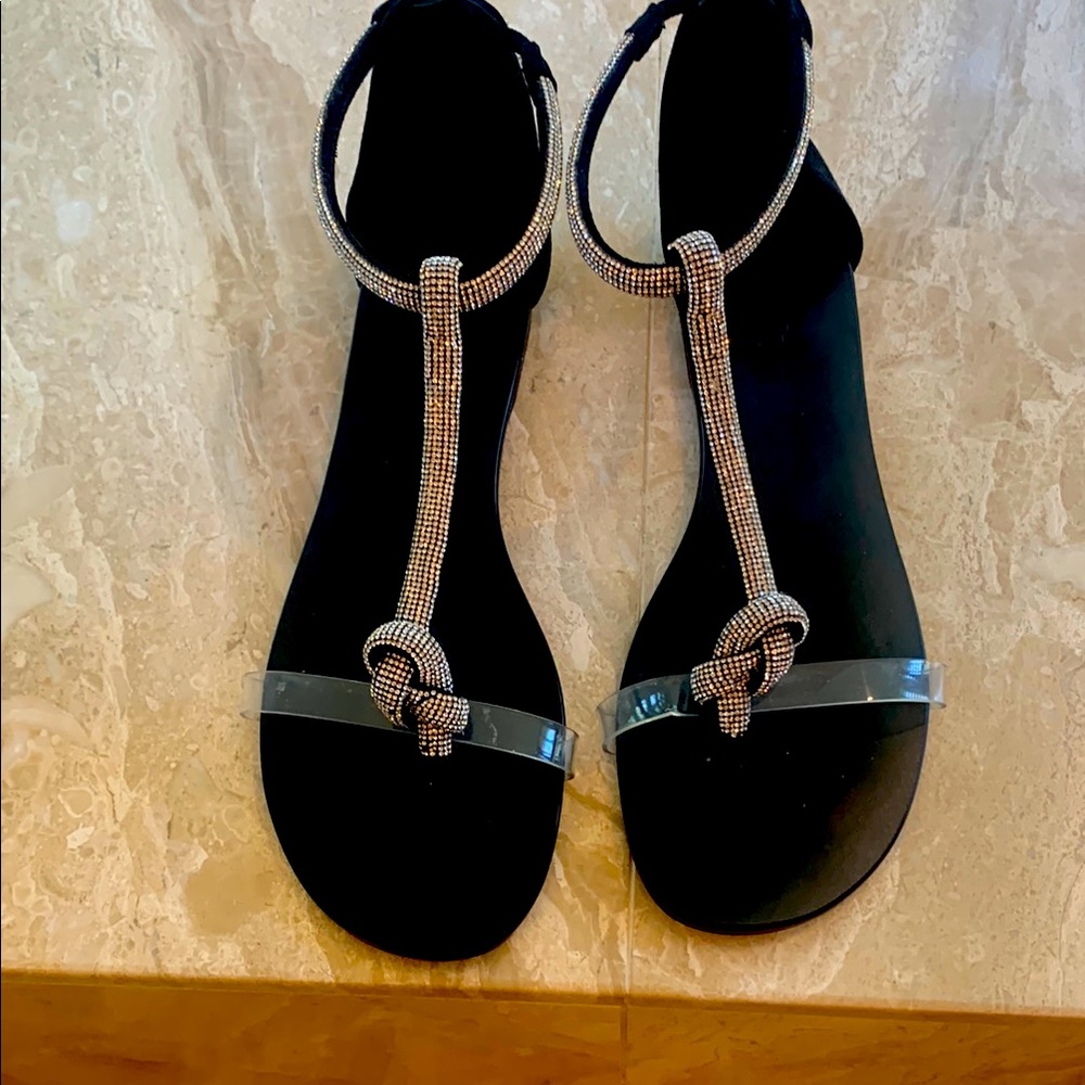 Black and Silver T-Strap Sandals with Adjustable Ankle Closure